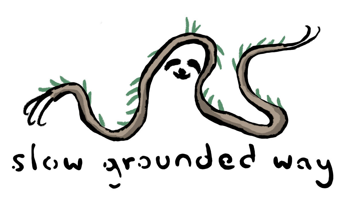 Slow Grounded Way - Logo Slow Grounded Way logo featuring a curved branch or path with green leaves, resembling a smiling sloth, above hand-drawn lowercase text